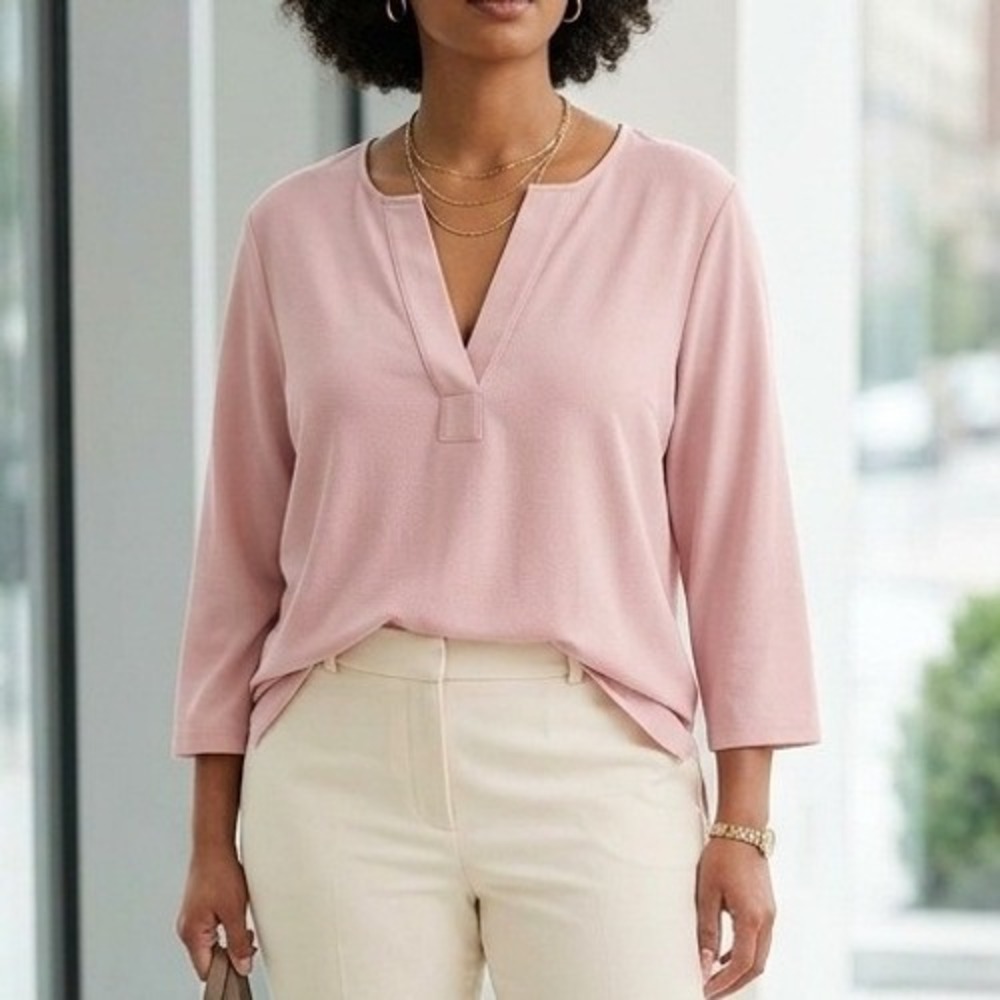Banana Republic Blouse Womens XXL Pink Split Neck 3/4 Sleeve Relaxed Career